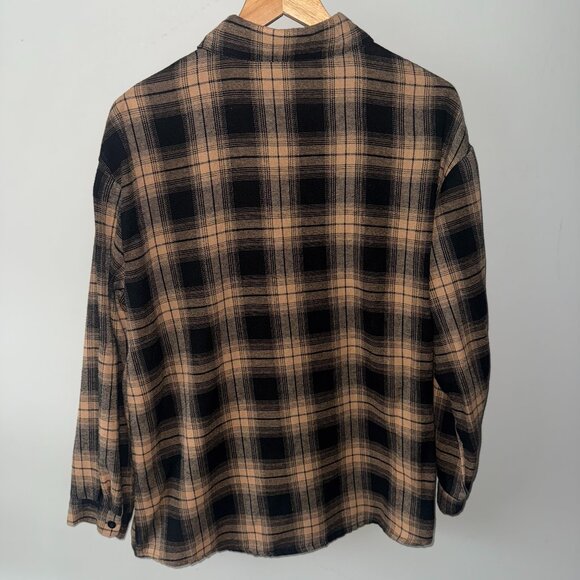 Tan Brown and Black Plaid Flannel Long Sleeve Collared Button Down Casual Shirt - Picture 4 of 5